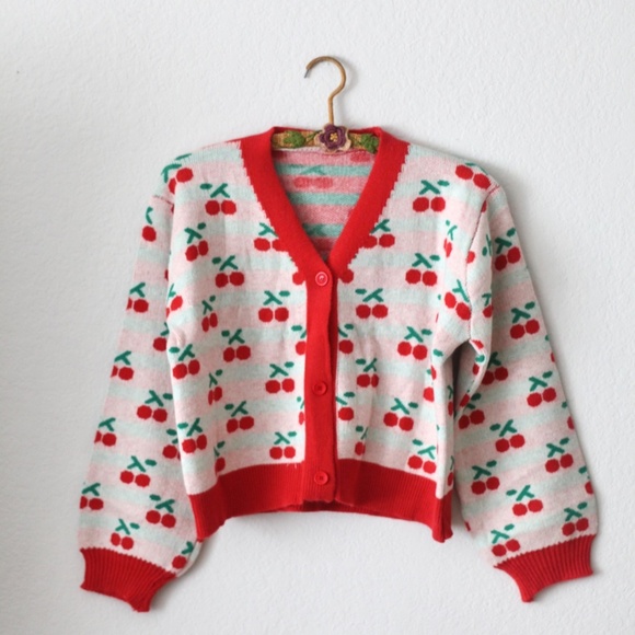 Sweaters - vintage style knit red cherry cardigan - sweet Lolita style cardigan